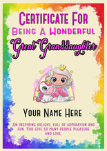 Load image into Gallery viewer, Personalised Wonderful Great Granddaughter Princess/Unicorn Certificate, Kids Birthday/Christmas Gift
